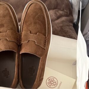 Hermes Brown Suede Penny Loafers with White Sole